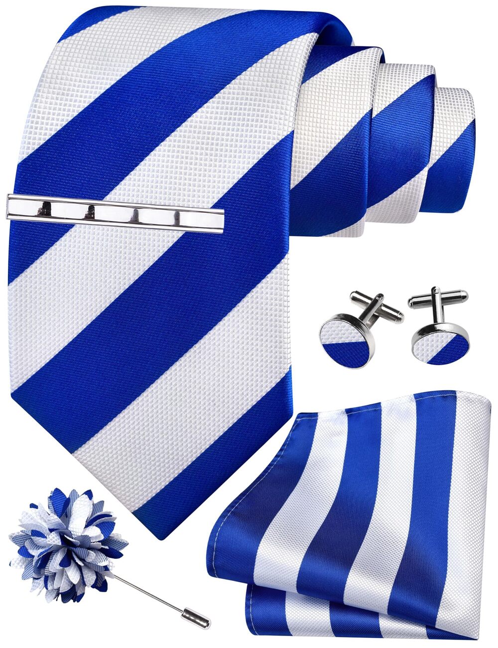 1342 Blue White Striped Tie Set Wedding Silk Necktie Clip Pocket Square